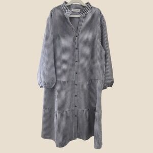 CCTOO Gingham Tiered Shirt Dress Long Sleeve Split V-Neck Midi‎ L